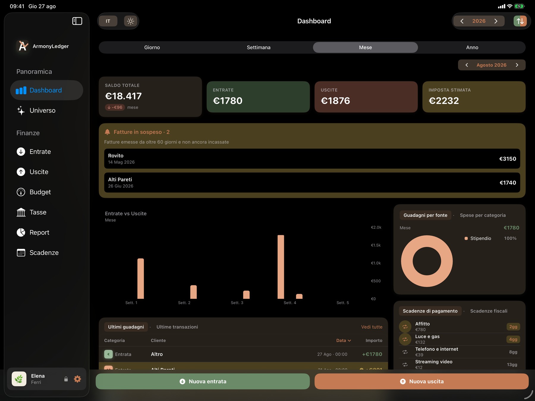 The ArmonyLedger overview on Mac, dark theme